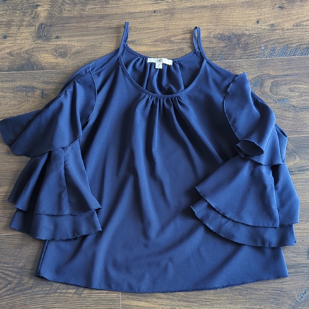 Navy Ruffle Cold Shoulder Party Top - Picture 2 of 12